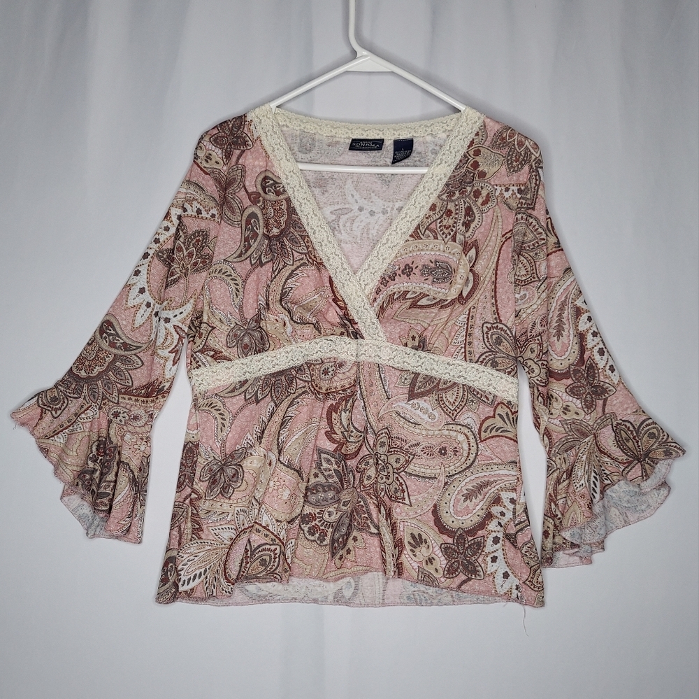 Vtg Babydoll Top Women Large Paisley Lace Empire Flared Y2K Coastal Cowgirl 90s